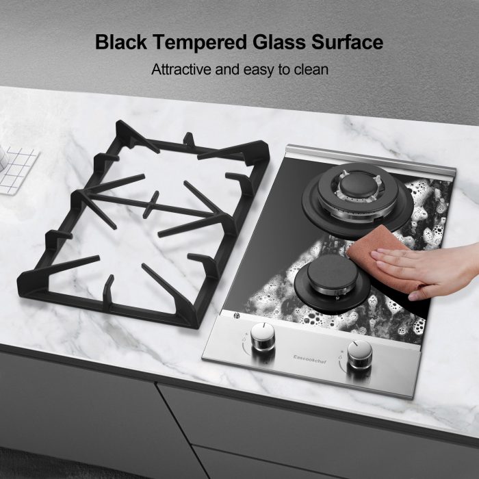 Eascookchef 2 Burner Gas Cooktop, 12 inch LPG/NG Dual Fuel Built-in Gas Stove Top, Black Tempered Glass Stove, Propane Cooktop for Apartment, Outdoor, RV, With Thermocouple Protection - Image 4