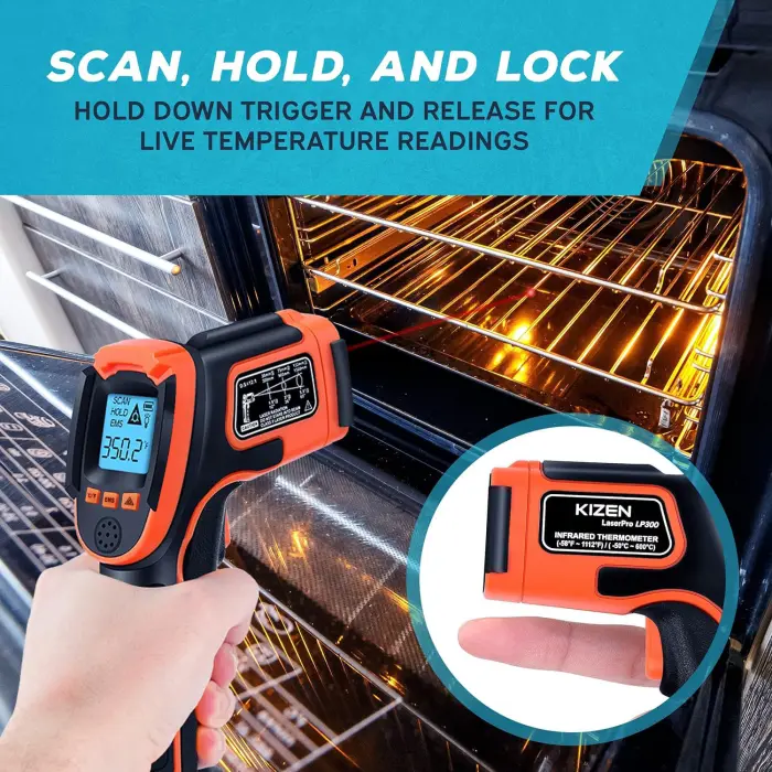 Kizen Infrared Temperature Gun - Handheld Surface Infrared Thermometer for Griddle, Grill, Pizza Oven, Candy, & A/C - Laser Thermometer Gun -58F to 1112F - Surface Temp Gun - Image 6