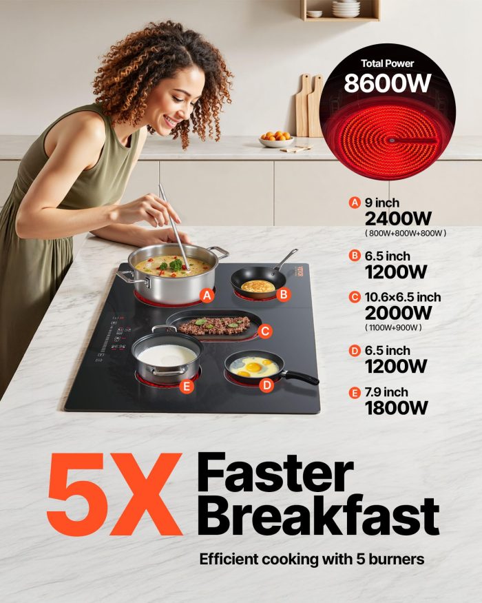 VEVOR Built in Electric Stove Top, 30 inch 5 Burners Ceramic Cooktop, 240V Glass Radiant Cooktop with Sensor Touch Control, Timer & Child Lock Included, 9 Power Levels for Simmer Steam Slow Cook Fry - Image 8