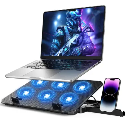 Laptop Cooling Pad, Laptop Cooler 6 Quiet Fans for 12"-17" Laptops, Gaming Laptop Fan Cooling Pad with 5 Height Adjustable, Slim Portable USB Powered, 2 USB Ports & Phone Holder