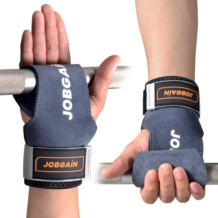 81OdeIZDY+L JOBGAIN Weight Lifting Wrist Strap, Double Layer Leather Wrist Strap for Deadlift and Powerlifting, Adjustable Neoprene Padded Wrist Wraps, for Men & Women, 1 Pair, Grey - Image 1