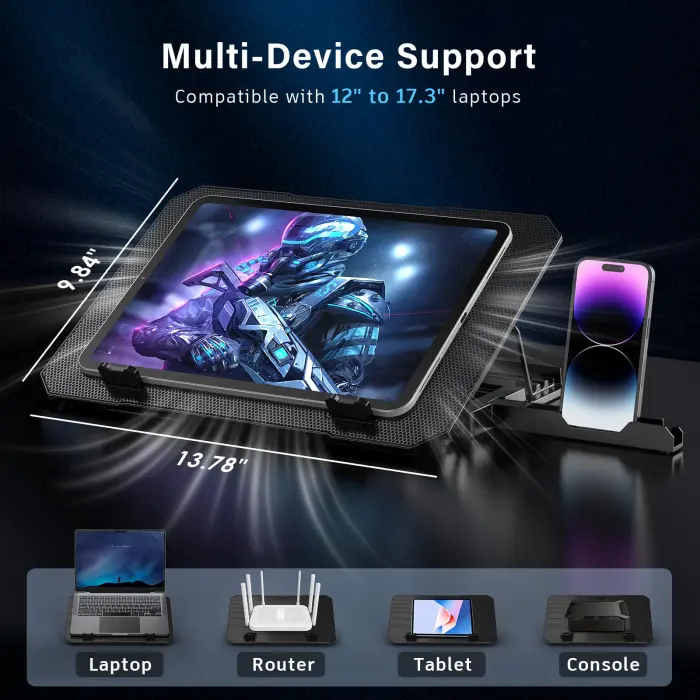 Laptop Cooling Pad, Laptop Cooler 6 Quiet Fans for 12"-17" Laptops, Gaming Laptop Fan Cooling Pad with 5 Height Adjustable, Slim Portable USB Powered, 2 USB Ports & Phone Holder - Image 2