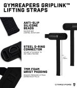 Gymreapers GripLink Lifting Straps – Heavy Duty D-Ring Weight Lifting Wrist Straps with Anti-Slip Silicone Grip Beads, Cushioned & Adjustable Support for Deadlifts, Powerlifting, Cable Machines & Gym Training (Black/White) - Image 2