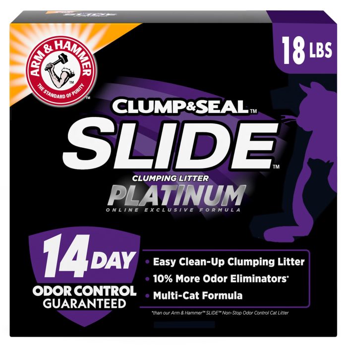 81RyTDvi2BL ARM & HAMMER Clump & Seal SLIDE Platinum Multi-Cat Clumping Cat Litter, 14-Day Odor Control, EZ Clean Technology, 18 lbs – No Scrubbing, Powerful Odor Eliminator - Image 1