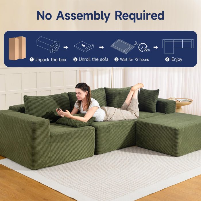 2025 New 108" Cloud Couch Sectional, Modular Sectional Sofa with L-Shaped Chaise, Deep Seat Sectional Modular Couch for Living Room, No Assembly Required (Green, Chaise Ottoman) - Image 6
