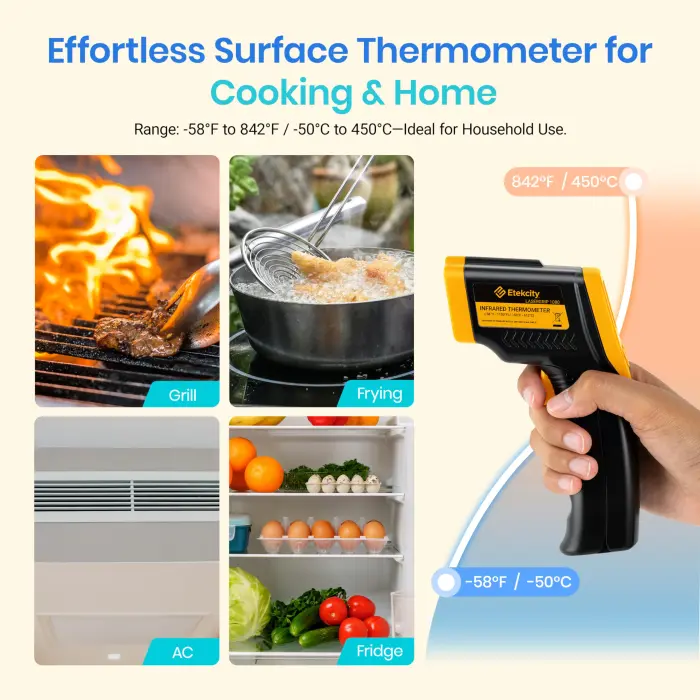 Etekcity Infrared Thermometer Laser Temperature Gun 774, Meat Food Candy Oven Thermometer for Griddle Accessories, Heat Gun for Cooking Refrigerator Tools, Adjustable Emissivity & Max Measure, Yellow - Image 10