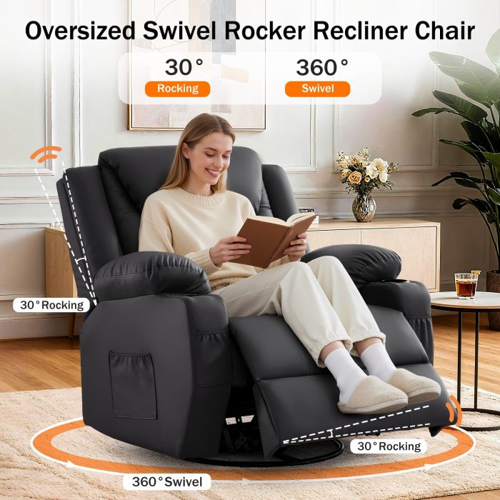 Korser Oversized Recliner Chair, 360° Swivel Recliner for Adults,Swivel Rocker Recliner Chair with Heat and Massage, Manual Recliner with Remote Control and Cup Rolders for Living Room, Faux Leather - Image 7