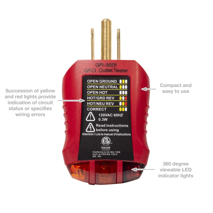 Gardner Bender GFI-3501 Ground Fault Receptacle Tester & Circuit Analyzer, 110-125V AC, for GFCI / Standard / Extension Cords & More, 7 Visual LED Tests , Red - Image 6