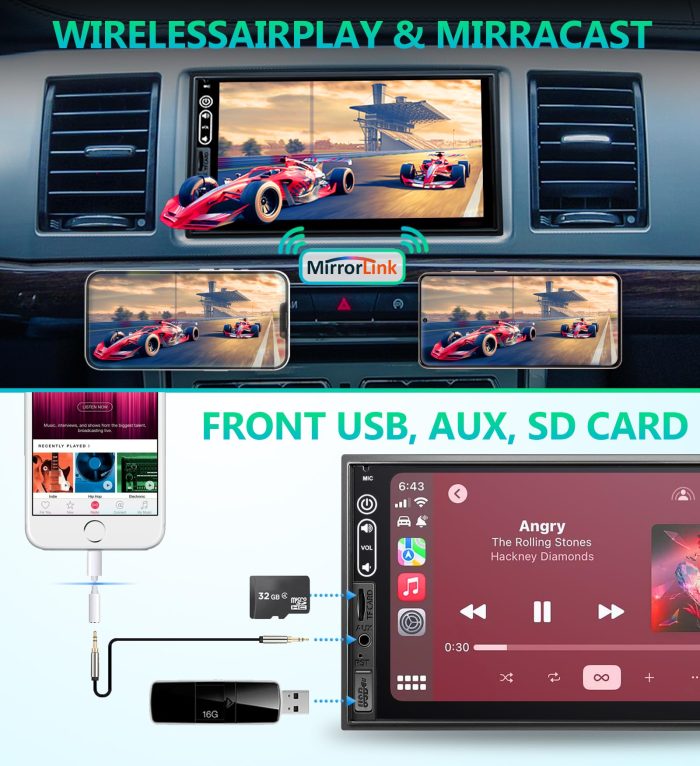 Double Din Car Stereo Compatible with Wireless Apple Carplay, Android Auto - 7" Touch Screen Car Audio Receiver with Bluetooth, AUX, FM Car Radio - Image 3