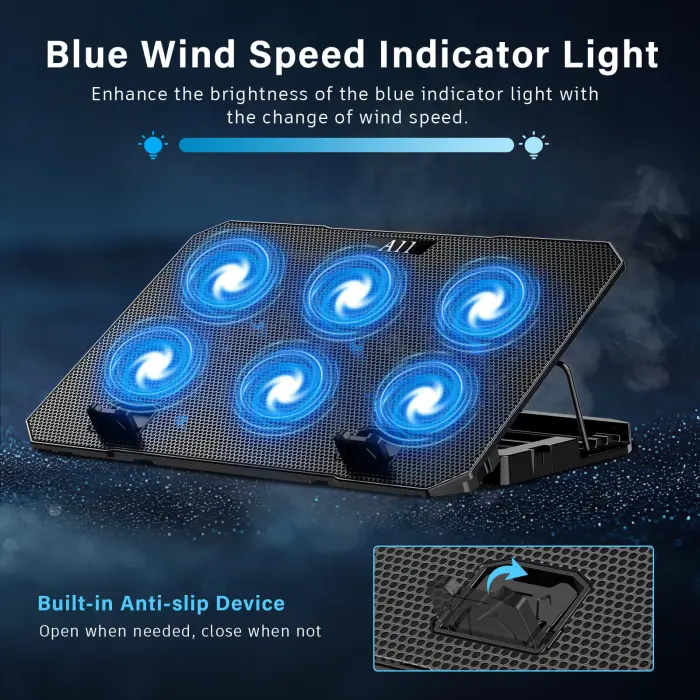 Laptop Cooling Pad, Laptop Cooler 6 Quiet Fans for 12"-17" Laptops, Gaming Laptop Fan Cooling Pad with 5 Height Adjustable, Slim Portable USB Powered, 2 USB Ports & Phone Holder - Image 4