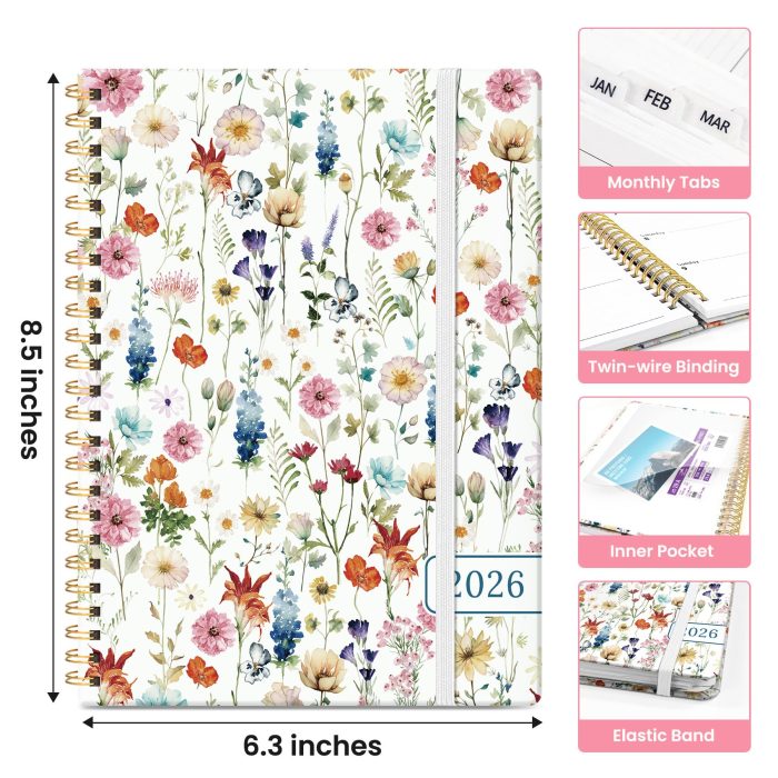 2026 Planner, Weekly and Monthly Calendar Planner for Women, Jan 2026 - Dec 2026, Hardcover Planning Agenda Book with Tabs, Spiral Bound, Inner Pocket, Perfect for School Office Supplies, 6.3" x 8.5" - Wildflowers - Image 5