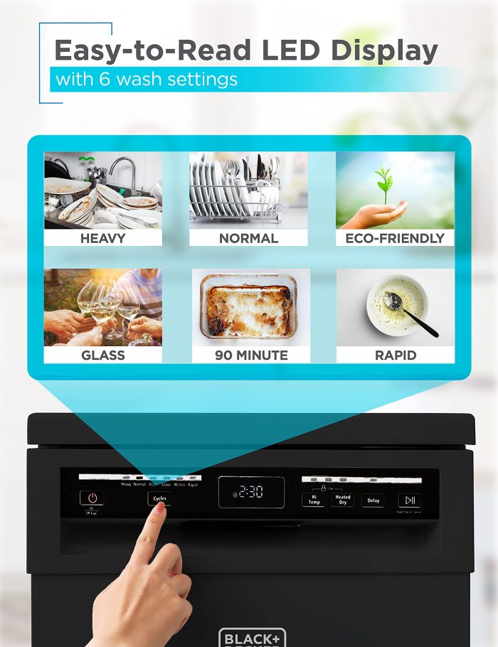 BLACK+DECKER 18-Inch Portable Dishwasher, 8-Place Setting Capacity, Mobile Dish Washer with 6 Wash Programs, LED Display, Stainless Steel Tub, ENERGY STAR Certified, BPD8B, Black - Image 5