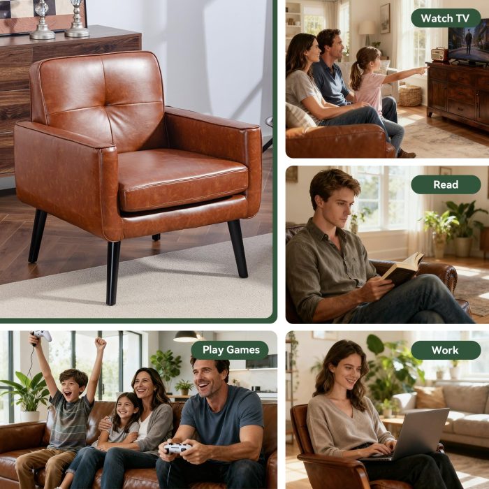 Mid Century Accent Chair, PU Leather Modern Chair with Wooden Frame, Cozy Armchair Reading Chair with Comfy Back for Apartment, Living Room, Bedroom, Waiting Room, Small Space, Corner, Brown - Image 7