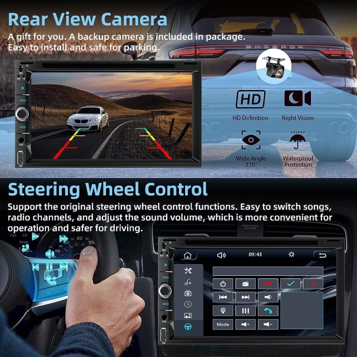 Double Din car Stereo with CD/DVD Player- CarPlay & Android Auto, Car Audio with Bluetooth, 7 Inch HD Touchscreen, Rear Camera, USB/TF/AUX, Subwoofer, AM/FM Radio Receiver - Image 4