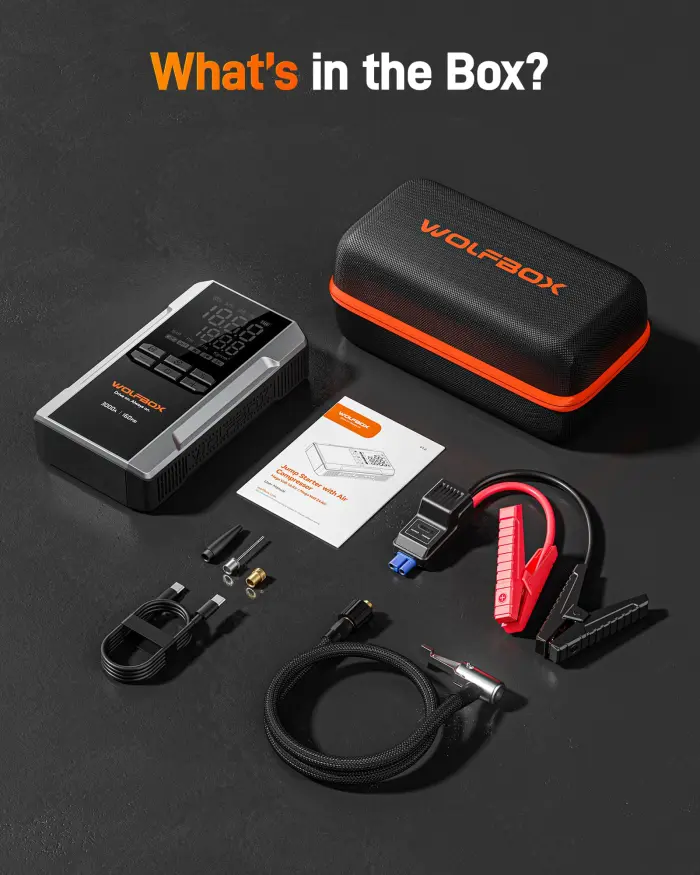 WOLFBOX 3000A Jump Starter with Air Compressor, 59.2Wh&160PSI Portable Car Battery Jump Starter with 65W Fast Charge, 12V Battery Pack (8L Gas 6L Diesel Engine) with Boost, Light and Jumper Cables - Image 3