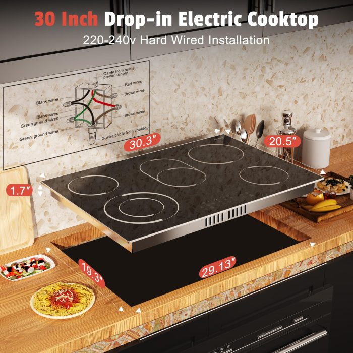 Jessier 30 Inch Electric Cooktop - 30 Inches Electric Stove 8400W, 5 Burner Ceramic Stovetop Built-in(29.13"x19.3") with Metal Frame, 99 Mins Timer, Safety Lock, Dual Ring, 220V Hard Wired (No Plug) - Image 4