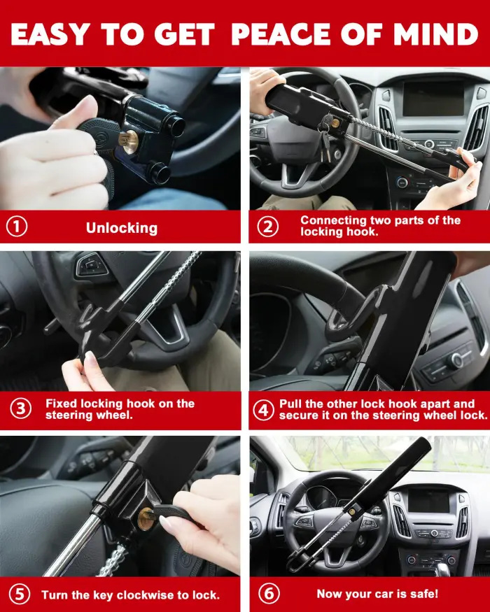 Tevlaphee Steering Wheel Lock Anti-Theft Car Device Heavy Duty Security Car Lock Antitheft Locking Devices Great Deterrent Adjustable Car Wheel Lock Anti Theft for Vehicle Truck with 3 Keys(Black) - Image 4