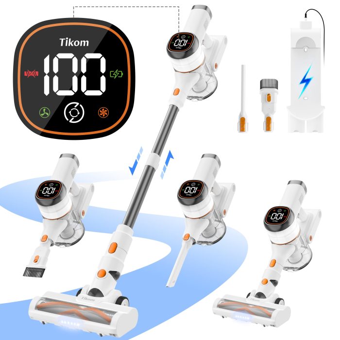 Tikom V500 Cordless Vacuum Cleaner for Home, 40000Pa/450W Stick Vacuum with LED Touch Screen, Charging Wall Dock, Anti-Tangle, Lightweight Handheld Vacuum for Pet Hair, Hard Floor, Carpet - Image 1
