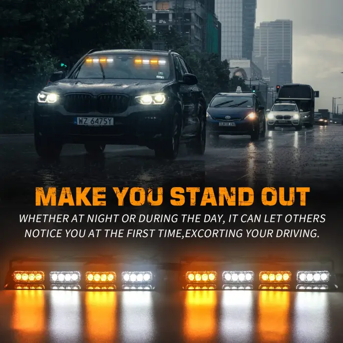 XRIDONSEN Emergency Dash Strobe Lights Safety Flashing Warning Hazard Interior Front/Rear Windshield Deck Split Light Bar w/Suction Cups for Construction Vehicles Trucks (2x14 inch, Amber White) - Image 6