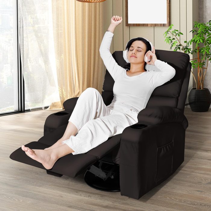 LEVELEVE Rocking Recliner Chair, Massage Rocker Recliner Chair with Vibration Massage and Heat, USB and Type-C Ports,360° Swivel Faux Leather Chairs, Living Room, Bedroom, Nursery, RV, Brown - Image 7