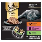 Sheba Perfect Portions Wet Cat Food Cuts in Gravy, Roasted Chicken Entree, with Sustainable Salmon, Tender Turkey Entree, 2.6 oz. Twin-Pack Trays (24 Count, 48 Servings)
