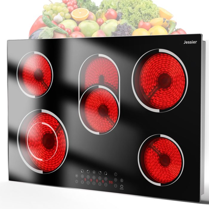 81wND61h6WL Jessier 30 Inch Electric Cooktop - 30 Inches Electric Stove 8400W, 5 Burner Ceramic Stovetop Built-in(29.13"x19.3") with Metal Frame, 99 Mins Timer, Safety Lock, Dual Ring, 220V Hard Wired (No Plug) - Image 1