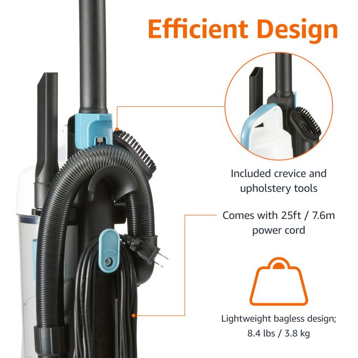Amazon Basics Upright Bagless Vacuum Cleaner for Carpet and Hard Floors, With Crevice and Upholstery Tools, Detachable Handle, Lightweight (8.4 lbs), 1.7L Dust Cup, 720W, 25ft Cord, Black/White - Image 8
