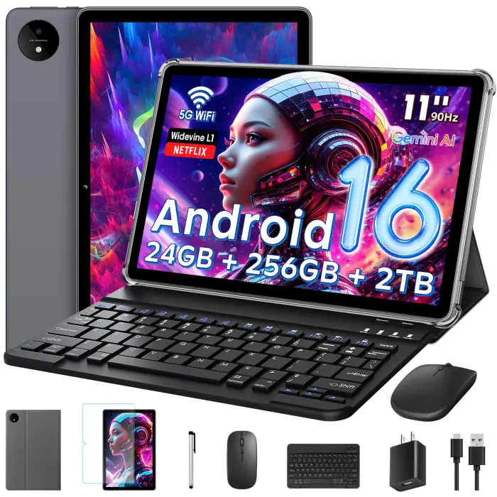 Android 16 Tablet 11 Inch with Gemini AI, T7250 Octa-Core, 24GB RAM + 256GB ROM /2TB TF, 16MP+8MP, 1920x1200 IPS HD Display, 8000mAh, Widevine L1, GPS, 2 in 1 Tablets with Keyboard Mouse Stylus - Image 1