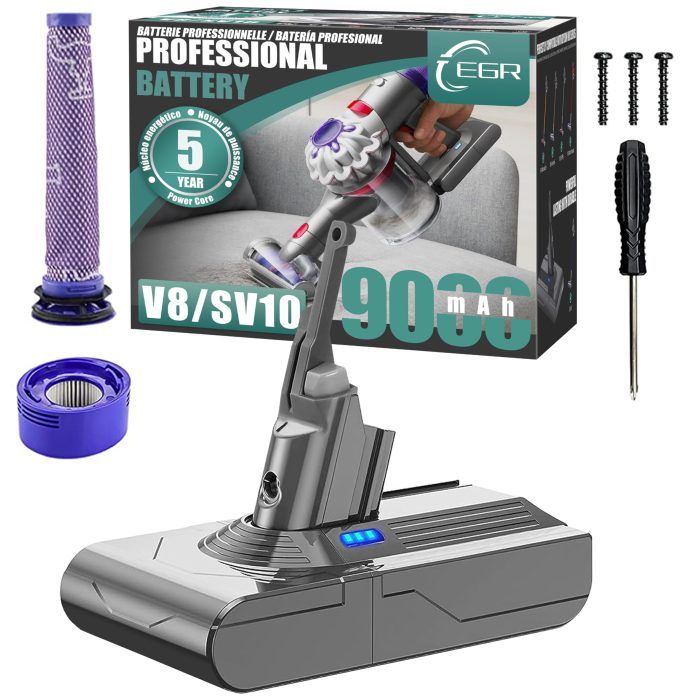 EGR Upgraded 9000mAh V8 Battery Replacement Compatible with Dyson V8 Animal Battery Replacement V8 Absolute/Motorhead/Fluffy SV10 Carbon Fiber Vacuum Cleaner 2 Filters and 3 Screws Included - Image 1