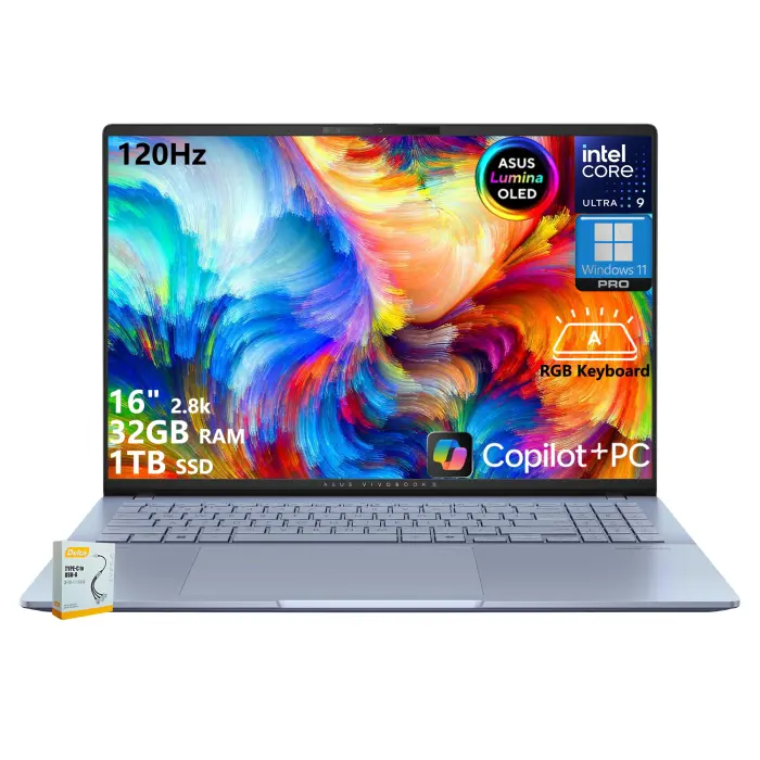 81xR56KsGRL ASUS Vivobook S16 Copilot+ AI PC Laptop | 16" 2.8k OLED 120Hz | Intel Core Ultra 9 285H | 32GB RAM 1TB SSD | RGB Backlit for Creator Designer Business Professional Win11 Pro w/DLCA Accessory - Image 1