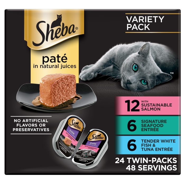 Sheba Perfect Portions Wet Cat Food Pate with Sustainable Salmon, Signature Seafood Entree, and Tender White Fish and Tuna Entree Variety Pack, 2.6 oz. Twin Pack Trays (24 Count, 48 Servings) - Image 1