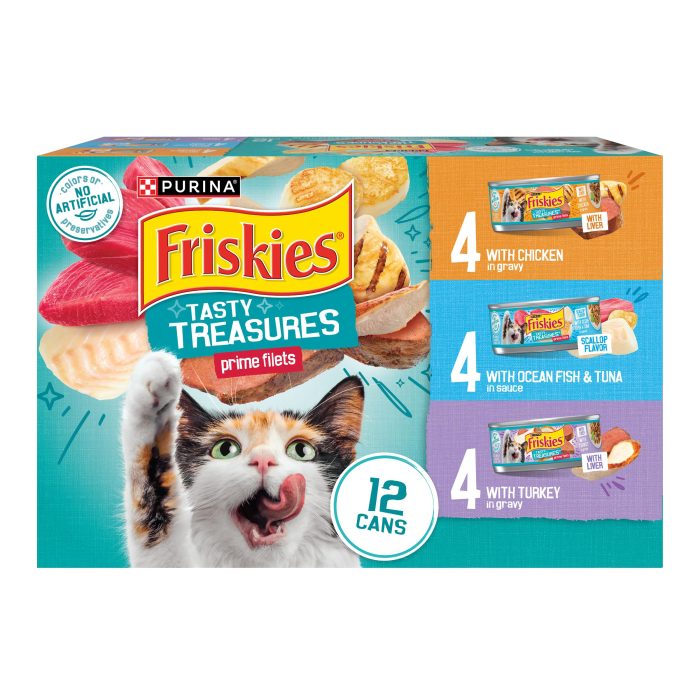 Purina Friskies Wet Cat Food Variety Pack, Tasty Treasures Prime Filets (With Ocean Fish and Tuna, With Chicken and With Turkey) - 5.5 Ounce (Pack of 12) - Image 1