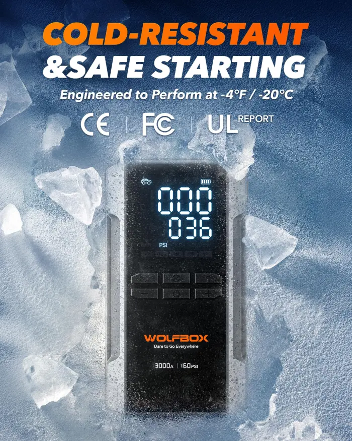 WOLFBOX 3000A Jump Starter with Air Compressor, 59.2Wh&160PSI Portable Car Battery Jump Starter with 65W Fast Charge, 12V Battery Pack (8L Gas 6L Diesel Engine) with Boost, Light and Jumper Cables - Image 4