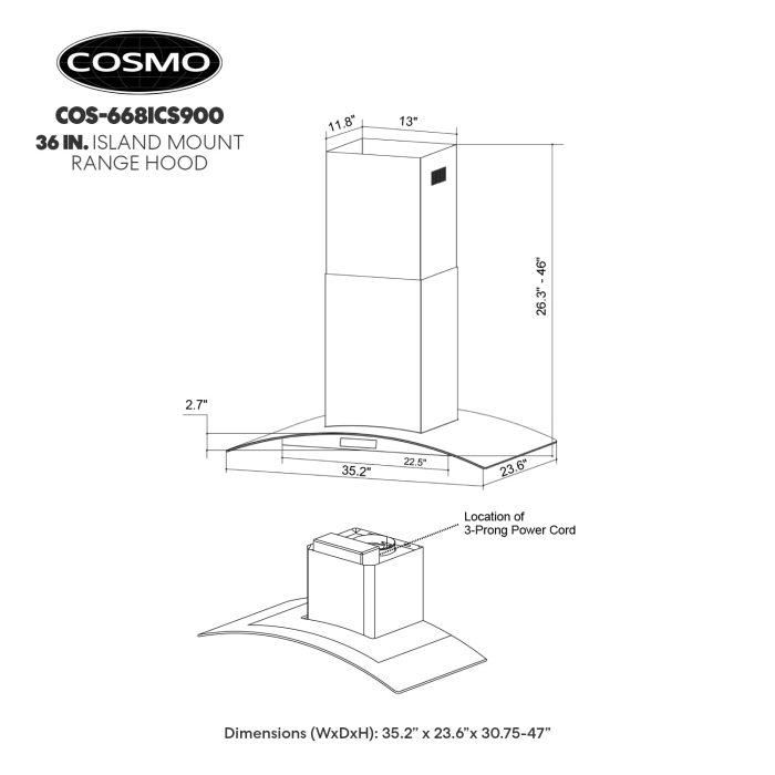 COSMO COS-668ICS900 36 in. Lumin Collection 380 CFM Ducted Island Range Hood, Soft Touch Controls, LED Lights, Stainless Steel - Image 9