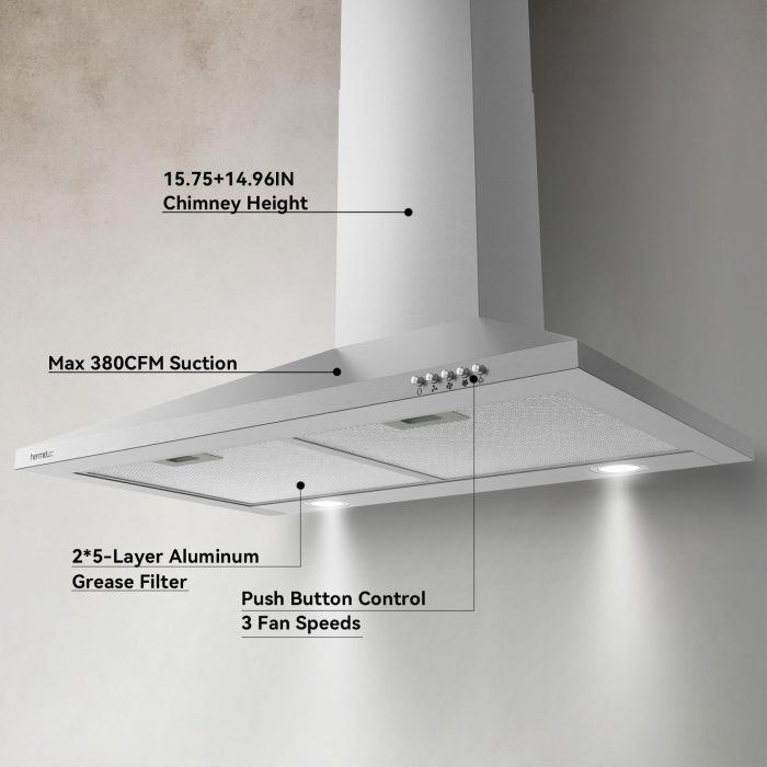 Hermitlux Range Hood 30 inch Stainless Steel, Wall Mount Vent Hood for Kitchen with Charcoal Filter, Ducted/Ductless Convertible - Image 6