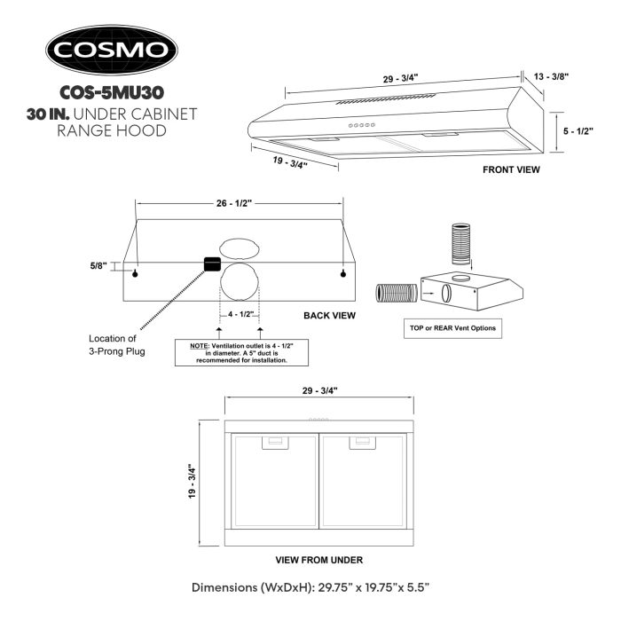 COSMO COS-5MU30 30 in. Delta Collection Ducted Under Cabinet Range Hood, Button Controls, Reusable Filters, LED Lights, Stainless Steel - Image 8
