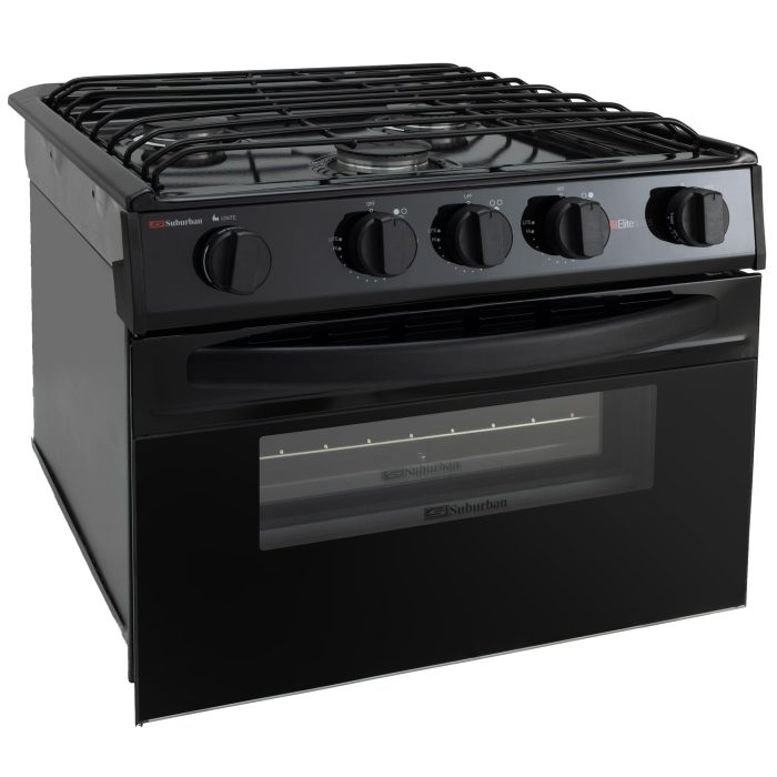 RecPro Suburban RV 17" Black 3 Burner Propane Range with Gas Oven | 9000 BTU Front Burner | Dual 6500 BTU Rear Burners | Piezo Ignition | Compact Built-In Range for RVs and Campers - Image 1