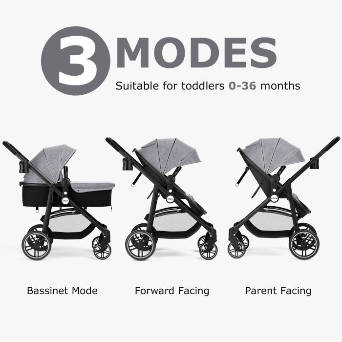 INFANS 2 in 1 Baby Stroller, High Landscape Infant Stroller & Reversible Bassinet Pram, Foldable Pushchair with Adjustable Canopy, Cup Holder, Storage Basket, Suspension Wheels (Grey) - Image 8