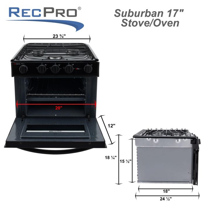 RecPro Suburban RV 17" Black 3 Burner Propane Range with Gas Oven | 9000 BTU Front Burner | Dual 6500 BTU Rear Burners | Piezo Ignition | Compact Built-In Range for RVs and Campers - Image 6