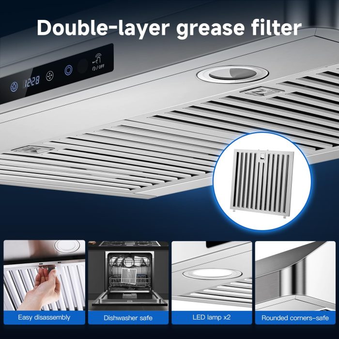 AMZCHEF Under Cabinet Range Hood 30 Inch, 750CFM Stainless Steel Kitchen Stove Vent Hood 3 Speed Exhaust Fan Touch/Remote/Gesture Control LED lights Time Setting Dishwasher-Safe Baffle Filters - Image 3
