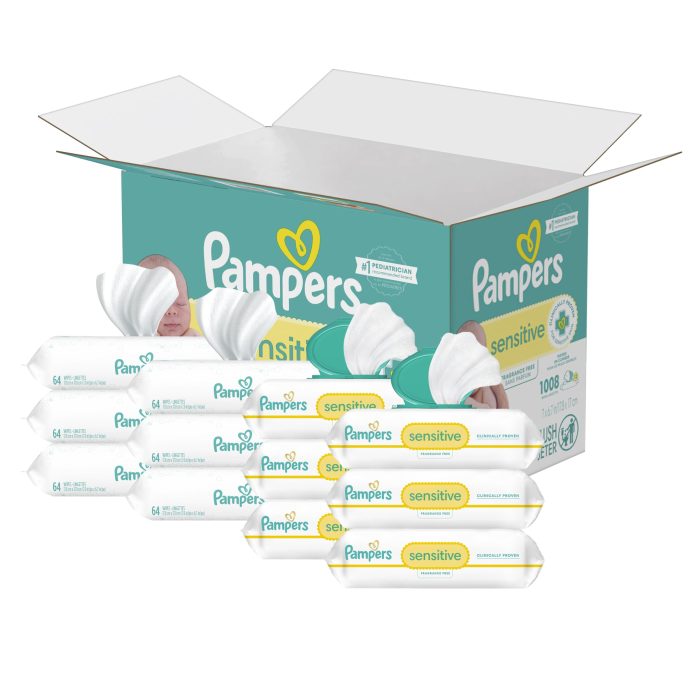 71NqHkGRN1L Pampers Sensitive Baby Wipes, Water Based, Hypoallergenic and Unscented, 8 Flip-Top Packs, 4 Refill Packs (1008 Wipes Total) - Image 1