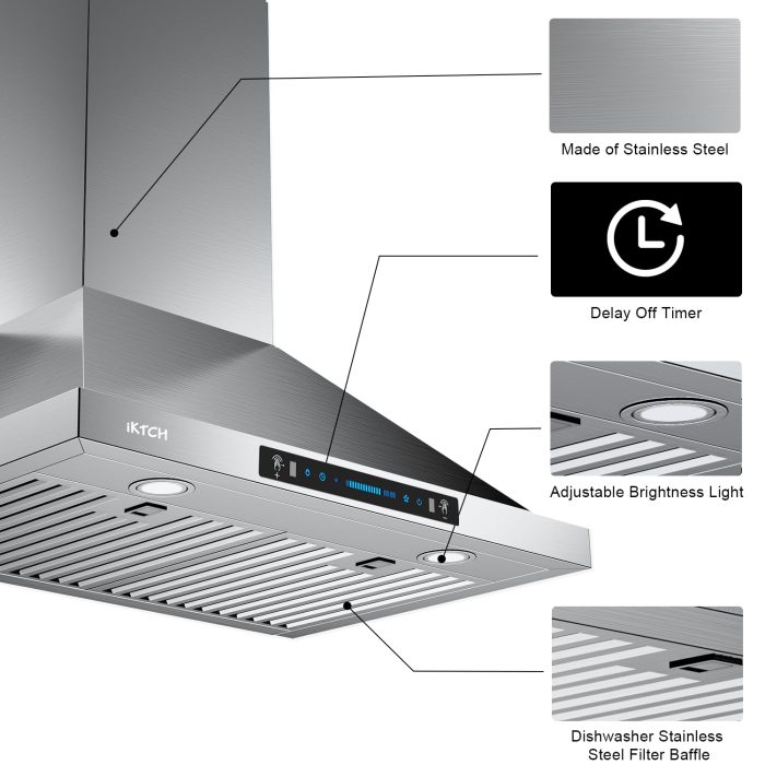 IKTCH 30-inch Wall Mount Range Hood 900 CFM Ducted/Ductless Convertible, Kitchen Chimney Vent Stainless Steel with Gesture Sensing & Touch Control Switch Panel, 2 Pcs Adjustable Lights(IKP02-30'') - Image 3