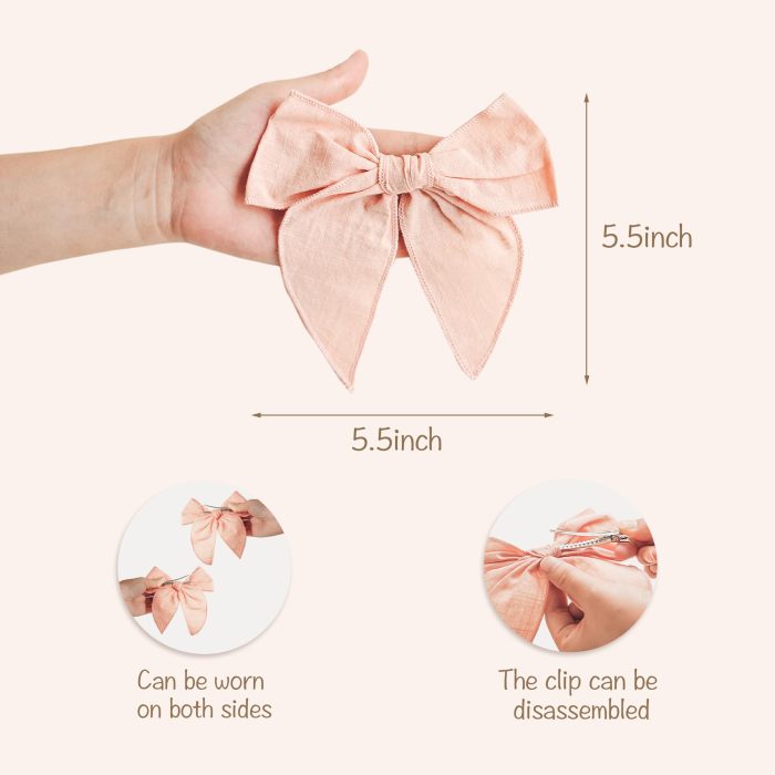 Niceye Fable Girls Hair Bows Cotton Linen Alligator Hair Clips or Little Girls Toddlers Kids Neutral Handmade Hair Accessories - 5.5” bow - Image 6