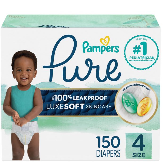 Pampers Pure Protection Baby Diapers, Size 4, 150 Count, Up to 100% Leakproof, Premium Plant-based Skin Protection, Hypoallergenic Soft Diapers - Image 1