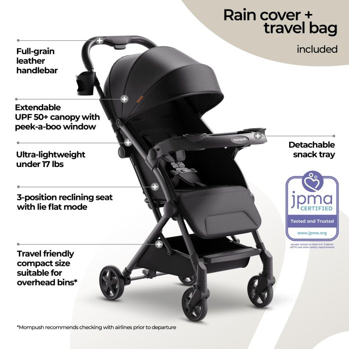 Mompush Lithe V2 Lightweight Travel Stroller, Compact Foldable Baby Stroller with Travel Bag, One-Hand Fold Stroller, Snack Tray, Mechanical Recline Seat, Airplane-Ready, UPF 50+ Canopy & Rain Cover - Image 9