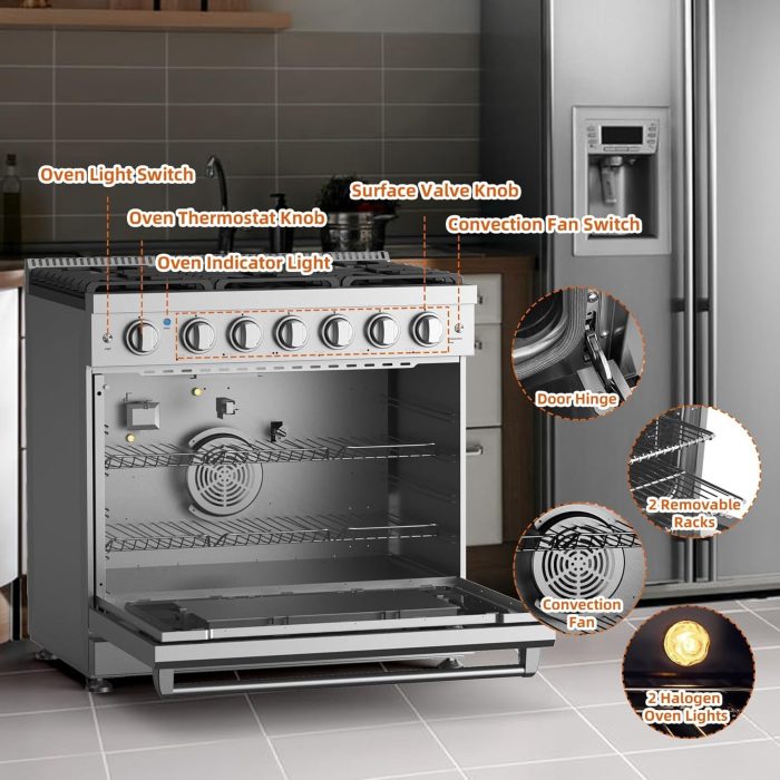 EcoSummer 36" Freestanding Gas Range Oven,Equipped with 6 Sealed Gas Burner & 6.0 Cu.Ft Electric Convection Oven,Heavy Duty Stainless Steel Dual Fuel Range - Image 6