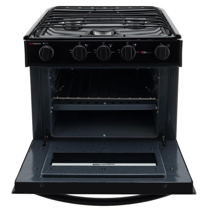 RecPro Suburban RV 17" Black 3 Burner Propane Range with Gas Oven | 9000 BTU Front Burner | Dual 6500 BTU Rear Burners | Piezo Ignition | Compact Built-In Range for RVs and Campers - Image 4