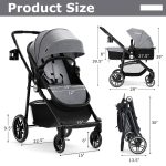 INFANS 2 in 1 Baby Stroller, High Landscape Infant Stroller & Reversible Bassinet Pram, Foldable Pushchair with Adjustable Canopy, Cup Holder, Storage Basket, Suspension Wheels (Grey) - Image 3