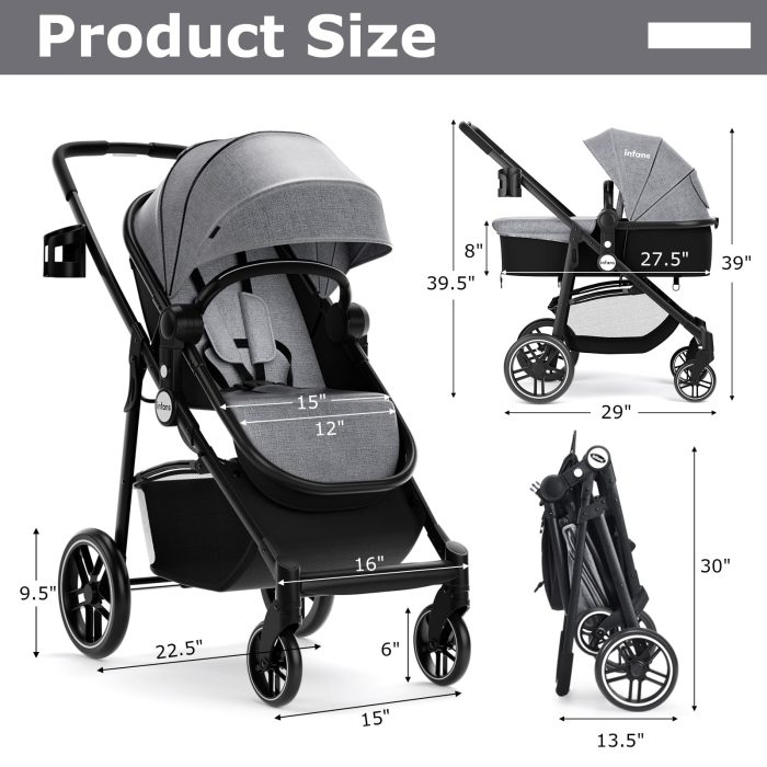 INFANS 2 in 1 Baby Stroller, High Landscape Infant Stroller & Reversible Bassinet Pram, Foldable Pushchair with Adjustable Canopy, Cup Holder, Storage Basket, Suspension Wheels (Grey) - Image 3