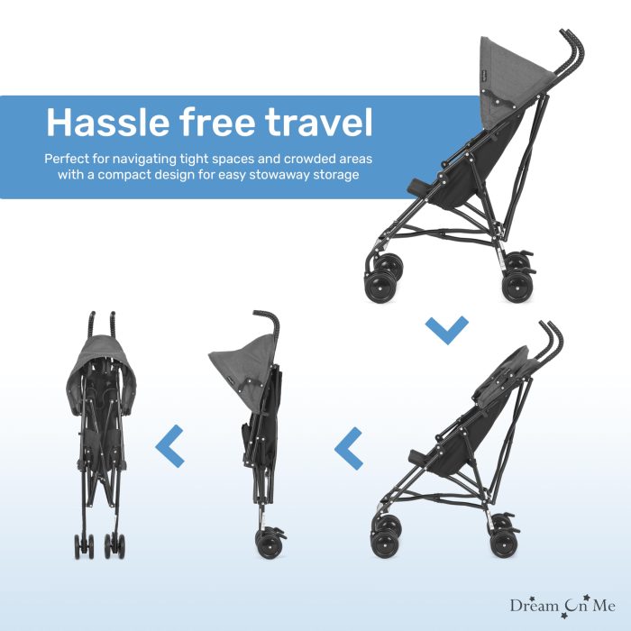 Dream On Me Aero Travel Umbrella Stroller, One-Hand Quick Fold, 3-Point Safety Harness, Dual Brakes, Adjustable Removable Canopy, Lightweight Compact & Space-Saving for Infants and Toddlers – Black - Image 2